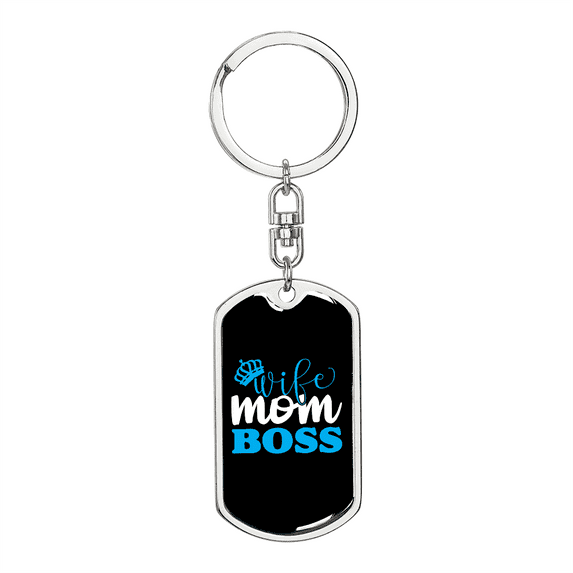 To My Wife  Wife Mom Boss Blue Stainless Steel or 18k Gold Premium Swivel Dog Tag Keychain
