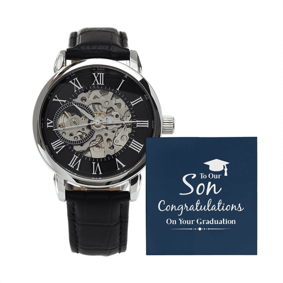 To Our Son Congratulations on Your Graduation Men's Openwork Watch With Mahogany Box