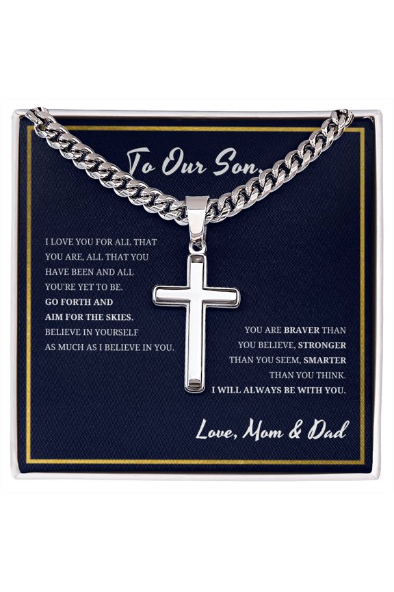To Our Son From Mom Dad Always Be With You Cross Necklace - Cuban Link Chain with Artisan Cross