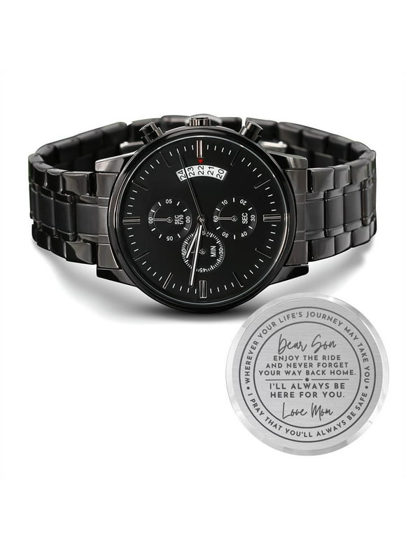 To Son Gift From Mom, I'll Always Be Here For You Inspirational Engraved Black Chronograph Watch
