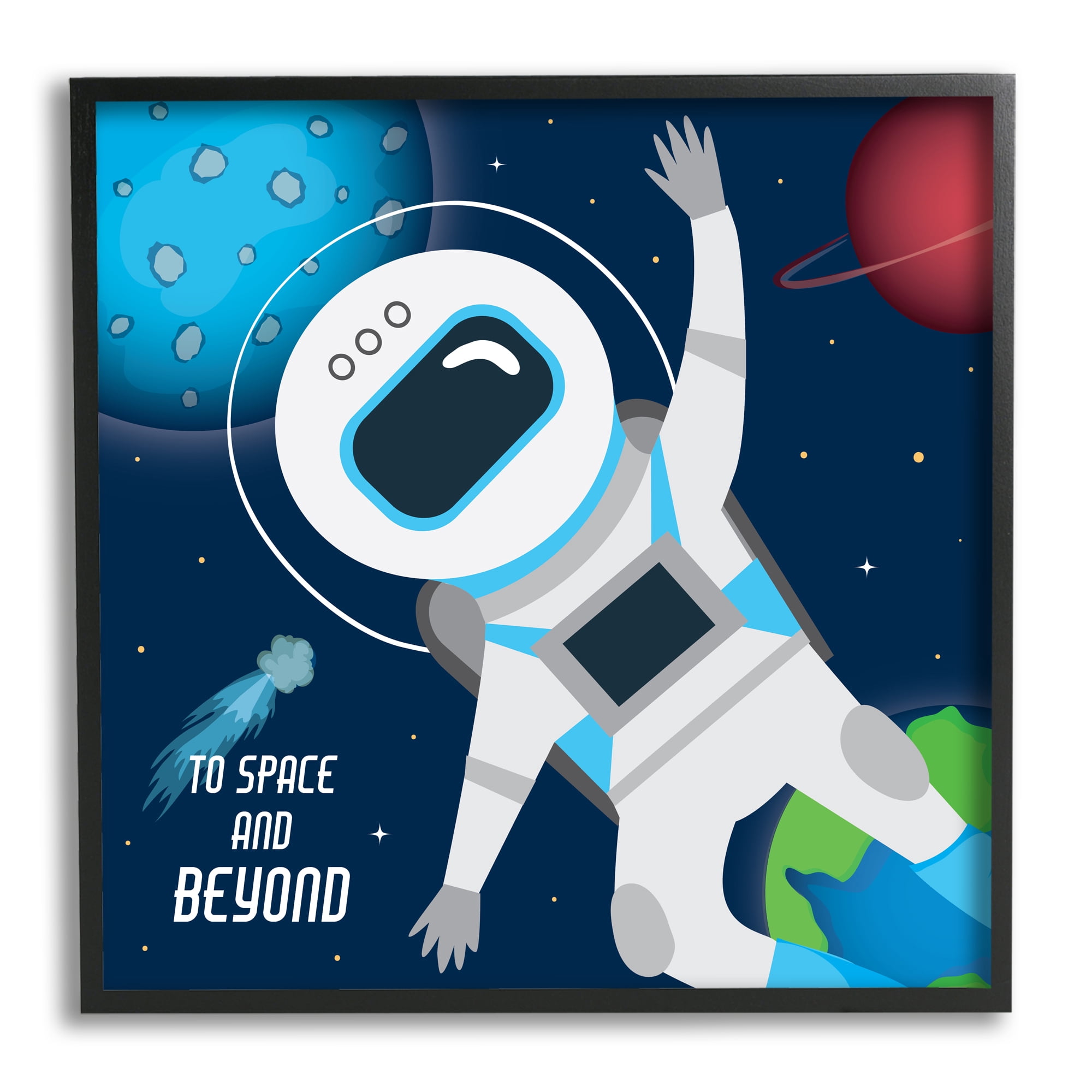 To Space and Beyond Blue Comet Astronaut Wave Typography Framed Art Print Wall Art, 17x17