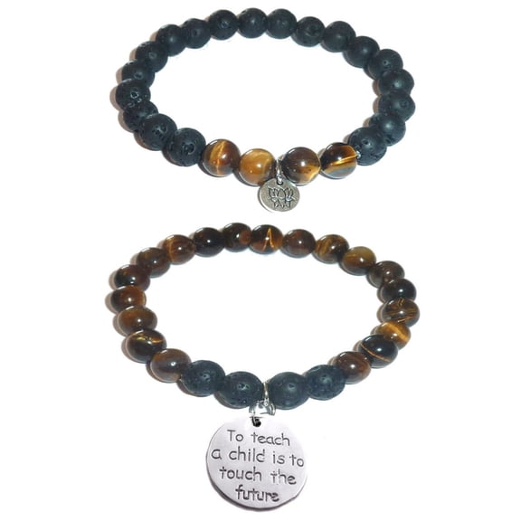 To Teach a Child is to Touch the Future Women's, Girls Tiger Eye & Black Lava Stone Bracelet Gift Set