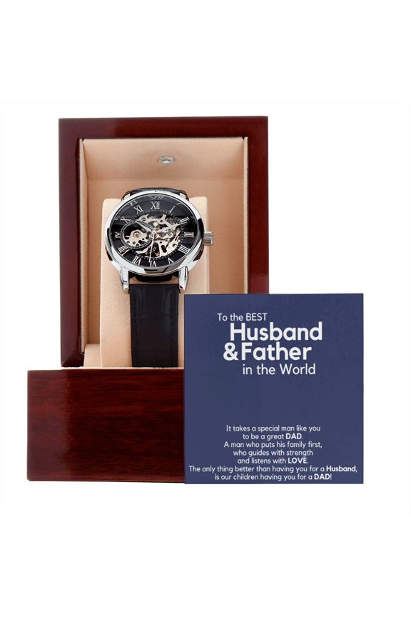 To The Best Husband & Father In The World - Men's Openwork Watch - Mahogany Gift Box
