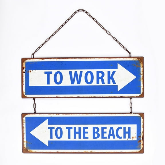 To Work To The Beach Metal Tin Arrow Sign Funny Nautical Ocean Coastal Home Bar Pub Room Wall Decor