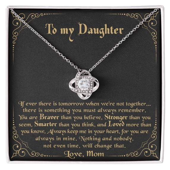 To my Daughter Always keep me in your heart - Halloween Gift - Love Knot Necklace - White/Yellow Plated - Message Card & Gift Box