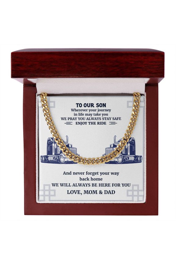 To our Trucker Son Love Mom & Dad Cuban Link Chain Necklace, Cuban Link Chain, Stainless Steel or Yellow Gold, Message Card & Gift Box