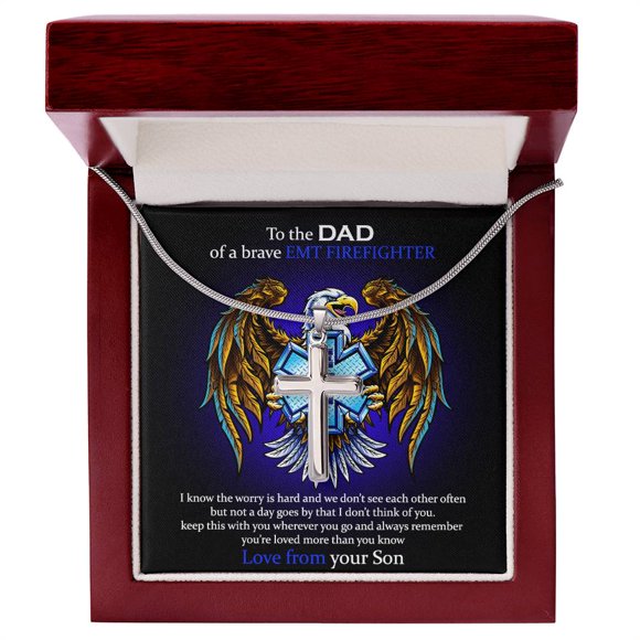 To the DAD of a brave EMT firefighter Son - Artisan Cross Necklace - Gift Box & Message Card