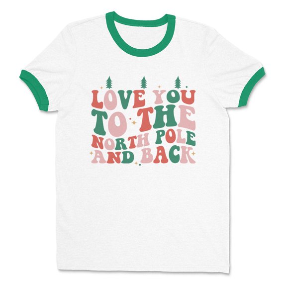 To the North Pole and Back Ringer Tee Shirt Unisex 2X-Large White/Kelly Green