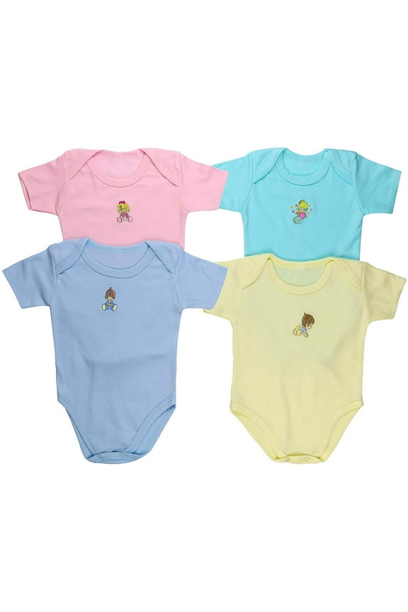 Babys' 4 Pack Short Sleeve Bodysuit Onesies - Pastel with Baby Image - 3-6 Months