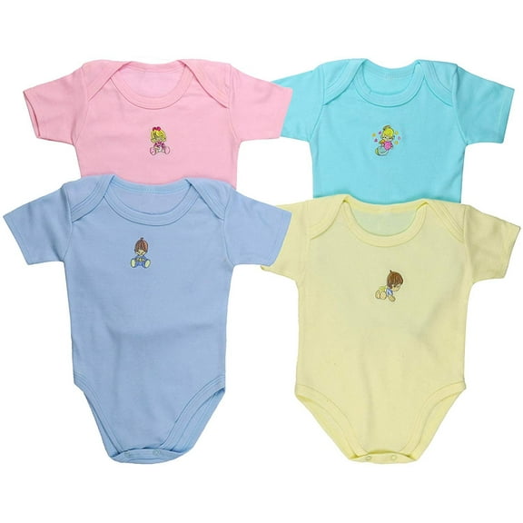 ToBeInStyle Babys' 4 Pack Short Sleeve Bodysuit Onesies - Pastel with Baby Image - 6-9 Months
