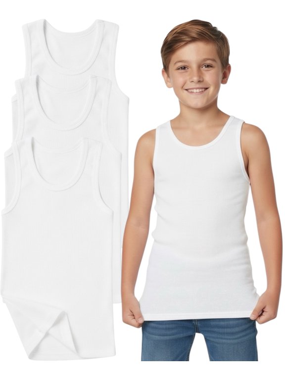 Boy's Pack 3 or 6 100% Cotton Preshrunk A-Shirt Classic Fit Tank Tops Undershirts - 3 Pack: White - Large