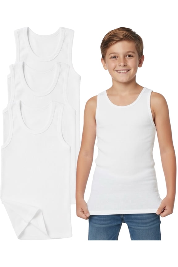 Boy's Pack 3 or 6 100% Cotton Preshrunk A-Shirt Classic Fit Tank Tops Undershirts - 3 Pack: White - Large