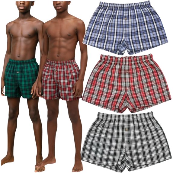 ToBeInStyle Boy's Pack of 3 Button Front Plaid Boxer Shorts - X-Large