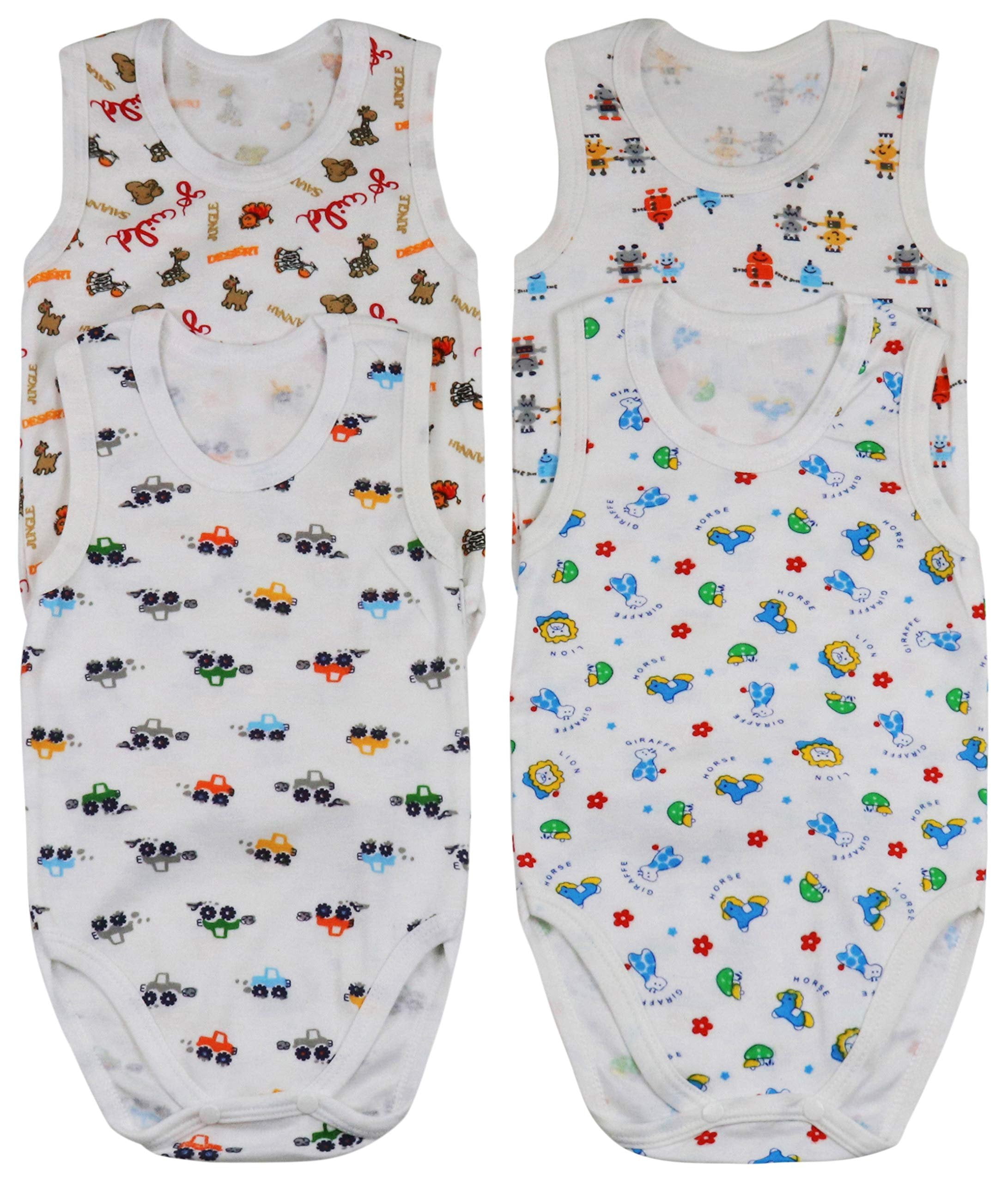 ToBeInStyle Boy's Pack of 4 Ultra-Soft Cotton Baby Tank Top Bodysuits - Animals - 0-3 Months Old