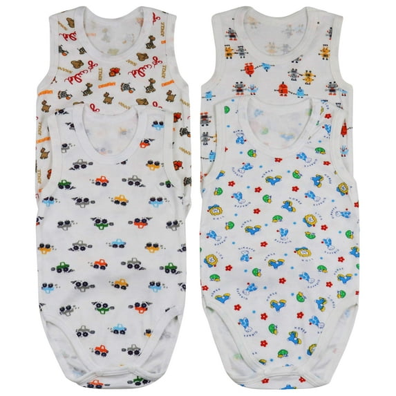 ToBeInStyle Boy's Pack of 4 Ultra-Soft Cotton Baby Tank Top Bodysuits - Animals - 6-9 Months Old
