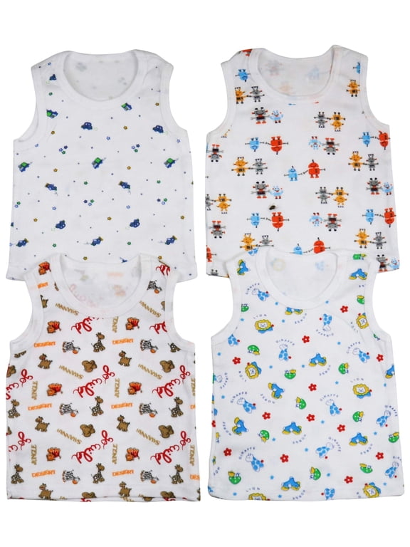 Boy's Pack of 4 Ultra-Soft Cotton Tank Tops - Funny Characters - 2 Years Old