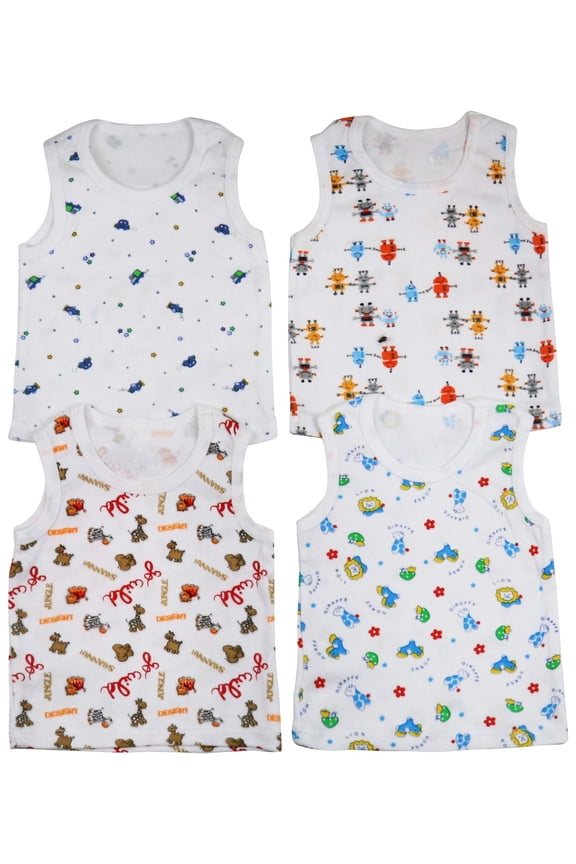 Boy's Pack of 4 Ultra-Soft Cotton Tank Tops - Funny Characters - 4 Years Old
