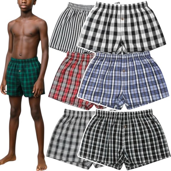 ToBeInStyle Boy's Pack of 6 Button Front Plaid Boxer Shorts - Large