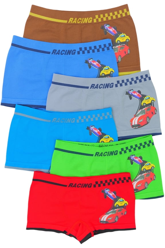 Boys' 6 Pack Graphic Decal Print Seamless Boxer Briefs - Road Racing Car - Large