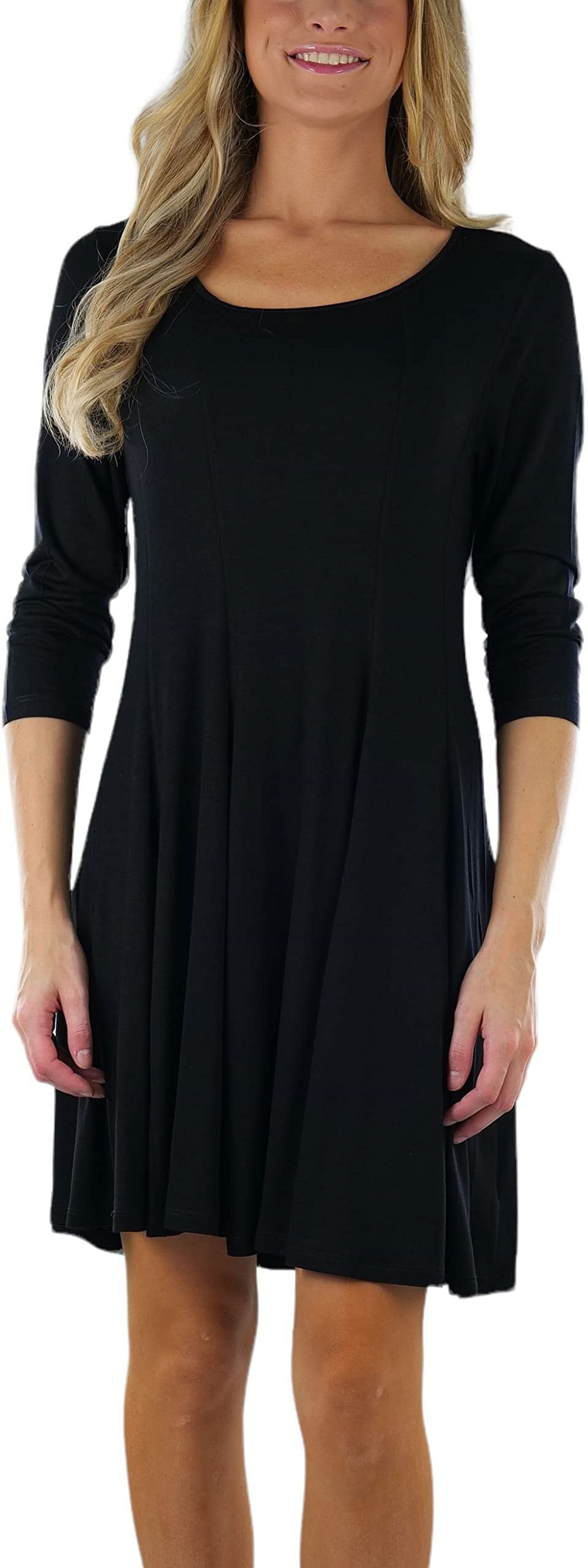 black skater dress with 3 4 sleeves Black 3/4 sleeve round neck Skater Dress