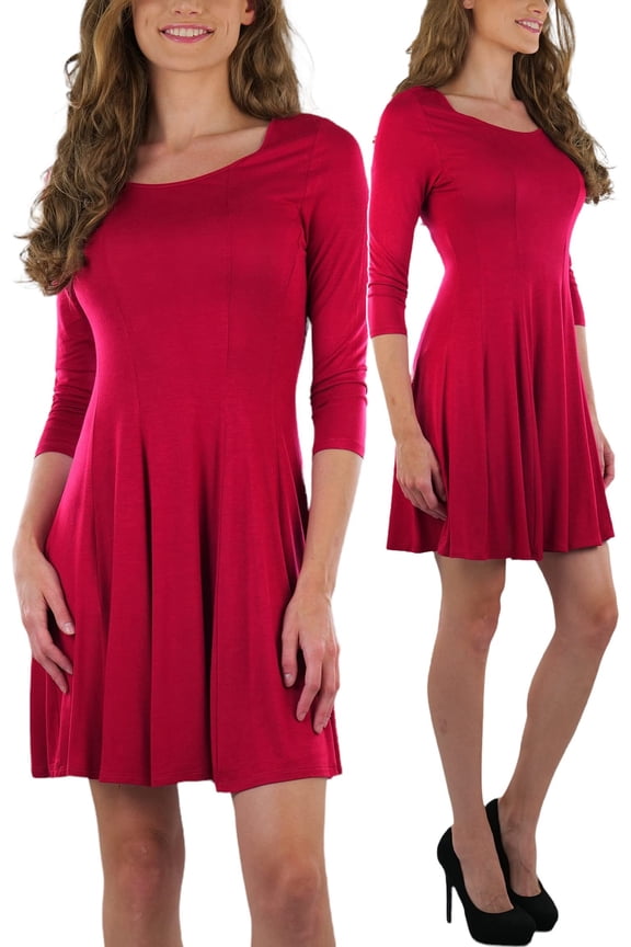 Classsic Fit Skater Dress with 3/4 Sleeves - Burgundy - Small