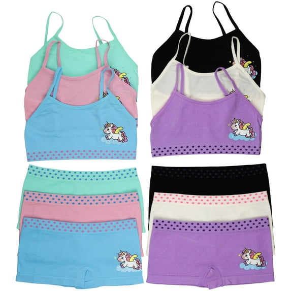 ToBeInStyle Girl Pack of 6 Set Spaghetti Strap Training Bras & Boyshorts Bikinis - Winged Unicorn - Medium
