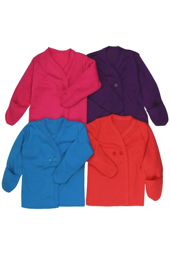 Girl's 4-Pack Long Sleeve Ultra-Soft Cotton Kimono Wrap Top w/ Mittens - Vibrant - 3-6 Months Old