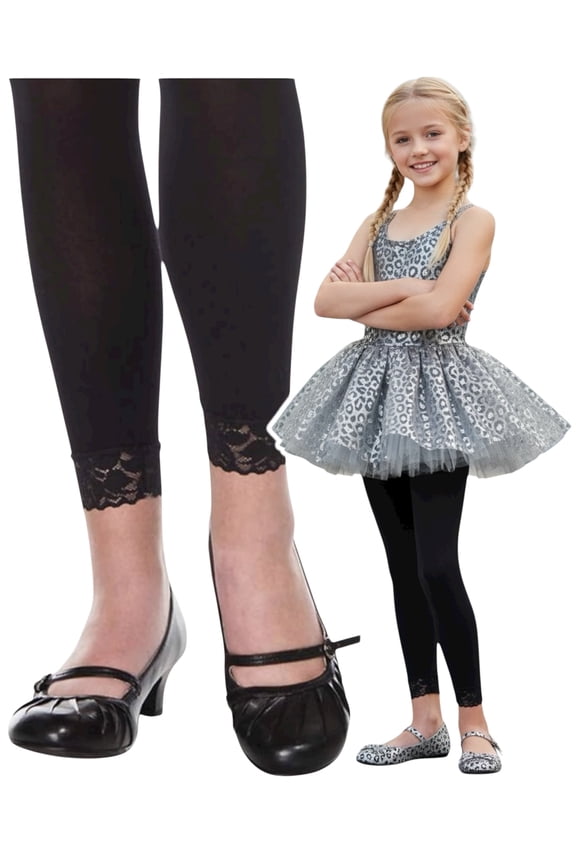 Girl's Footless Opaque Layering Nylon Tights with Floral Lace Bottom Trim - Black - 11-13 Years