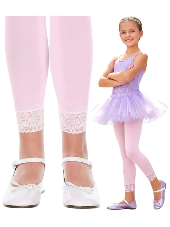 Girl's Footless Opaque Layering Nylon Tights with Floral Lace Bottom Trim - Pink - 11-13 Years