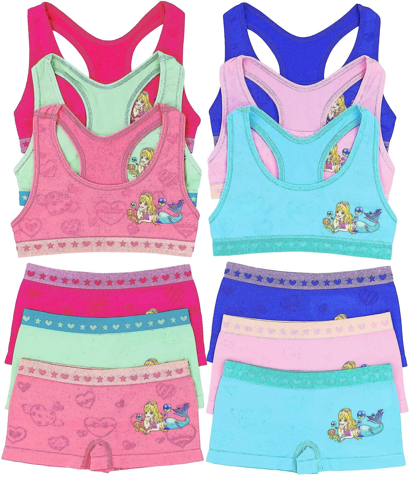 ToBeInStyle Girl's Pack of 6 Racerback Bras & Matching Boyshort Bottoms - Mermaid Treasure Pearl - Large