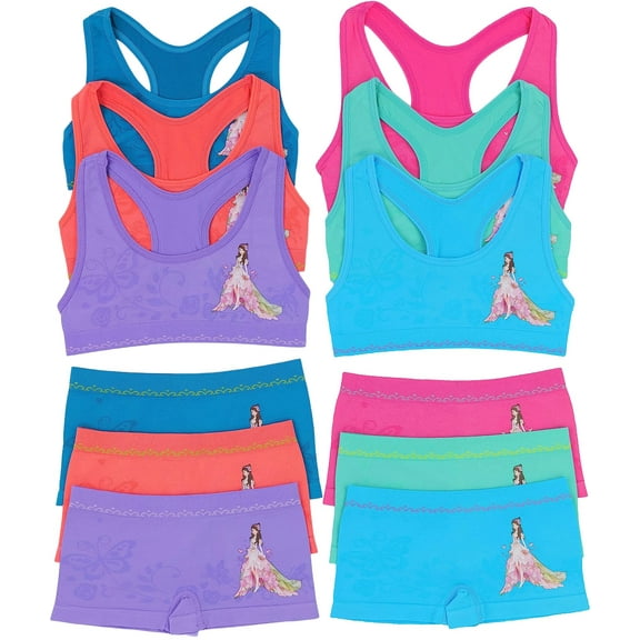 ToBeInStyle Girl's Pack of 6 Racerback Bras & Matching Boyshort Bottoms - White Rose Princess - Small