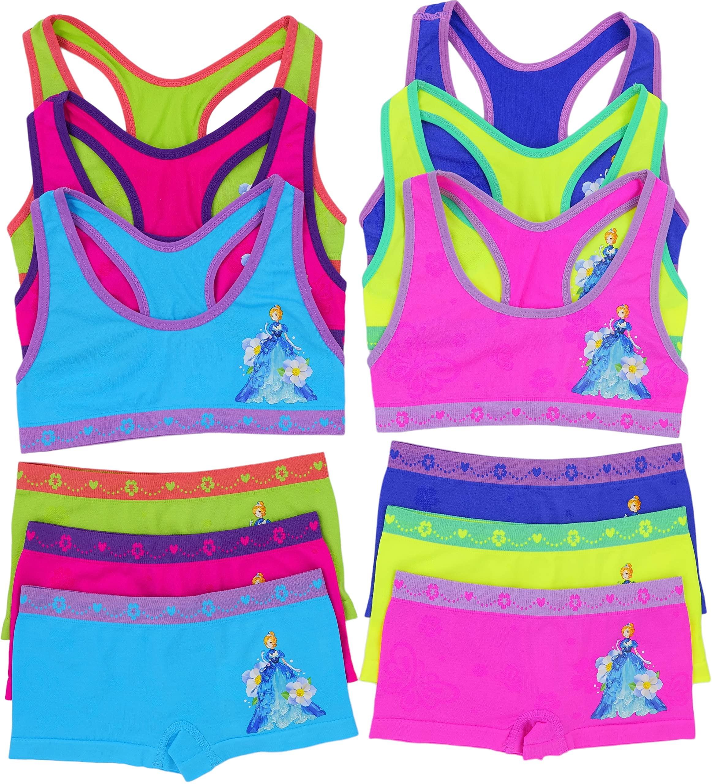 ToBeInStyle Girl's Pack of 6 Racerback Training Bra Tops & Matching Boyshort Bottoms - Anemone Princess - Large