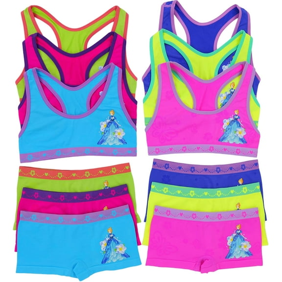 ToBeInStyle Girl's Pack of 6 Racerback Training Bra Tops & Matching Boyshort Bottoms - Anemone Princess - Large