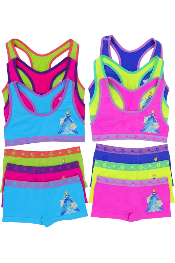 Girl's Pack of 6 Racerback Training Bra Tops & Matching Boyshort Bottoms - Anemone Princess - Small