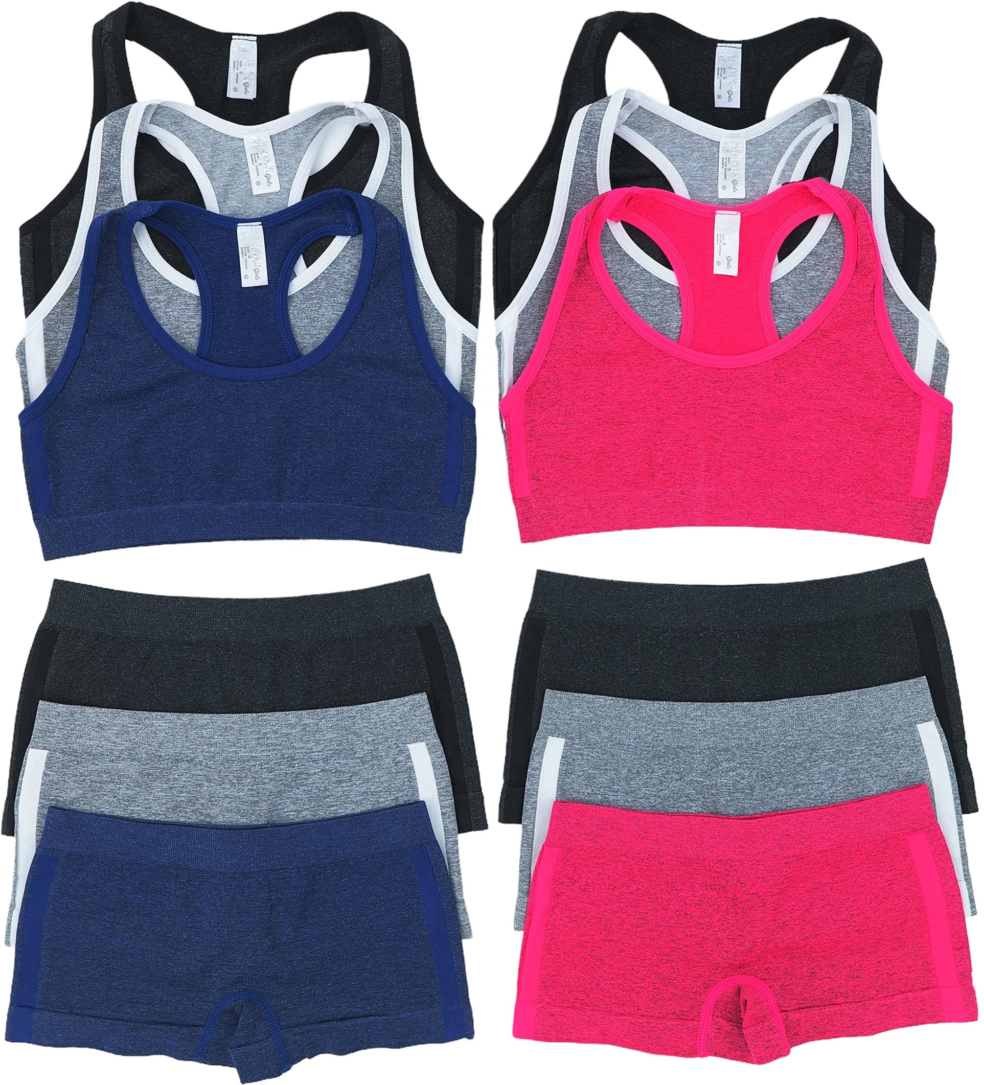 ToBeInStyle Girl's Pack of 6 Racerback Training Bra Tops & Matching Boyshort Bottoms - Heathered - Small