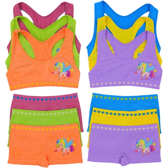 ToBeInStyle Girl's Pack of 6 Racerback Training Bra Tops & Matching Boyshort Bottoms - Unicorn Love - Medium