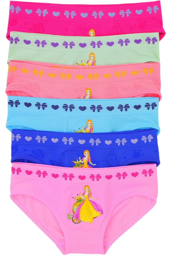 Girl's Pack of 6 Seamless Colorful Assortment of Princess Print Bikini Panty Briefs - Large