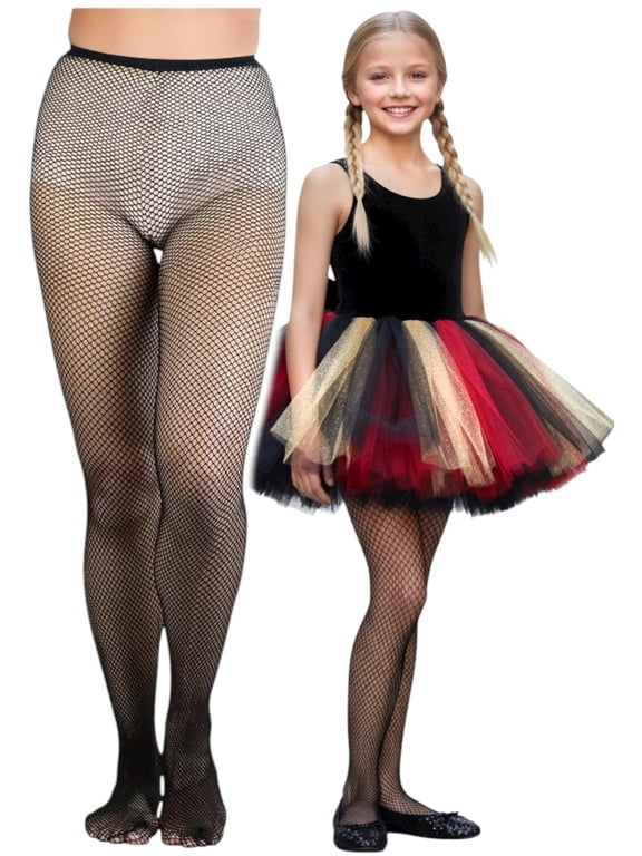Girls Classic Fine Fishnet Nylon Pantyhose Tights - Black - 8-10 Years