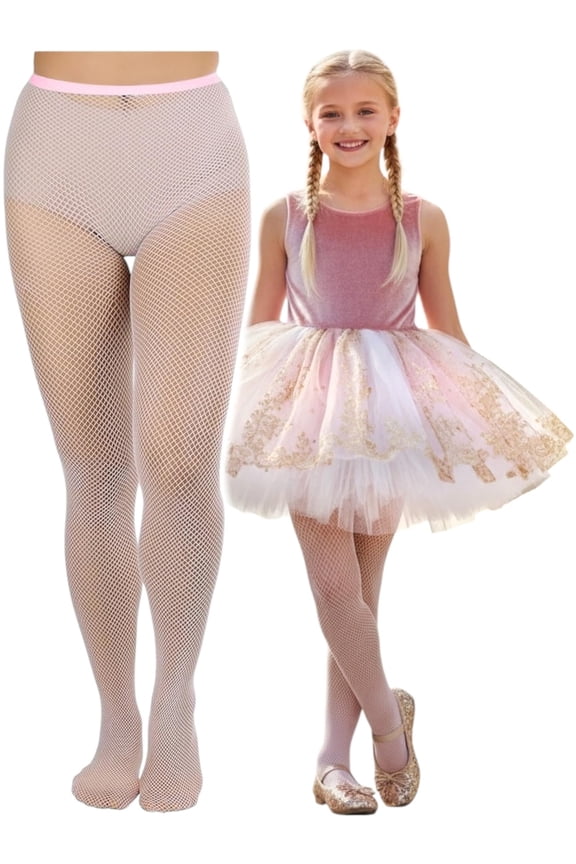 Girls Classic Fine Fishnet Nylon Pantyhose Tights - Pink - 11-13 Years