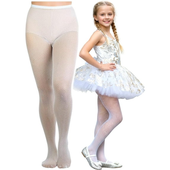 ToBeInStyle Girls Classic Fine Fishnet Nylon Pantyhose Tights - White - 11-13 Years