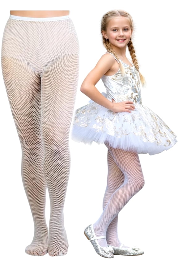 Girls Classic Fine Fishnet Nylon Pantyhose Tights - White - 8-10 Years