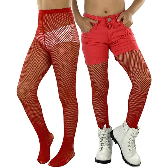 ToBeInStyle Girls' Fine Fishnet Sheer Tights - Red - 7-10 Years