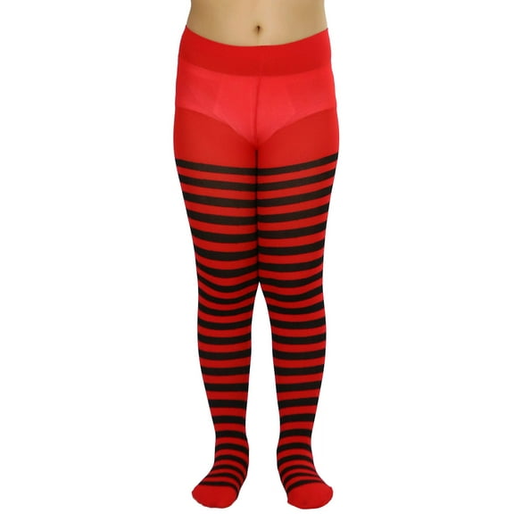 ToBeInStyle Girls' Horizontal Striped Full Length Tights - Black/Red - 11-13 Years