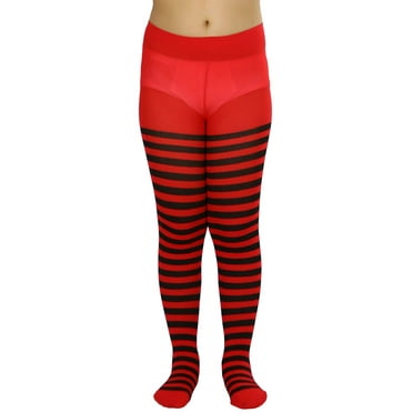 ToBeInStyle Girls' Horizontal Striped Full Length Tights - Black/Red - 7-10 Years