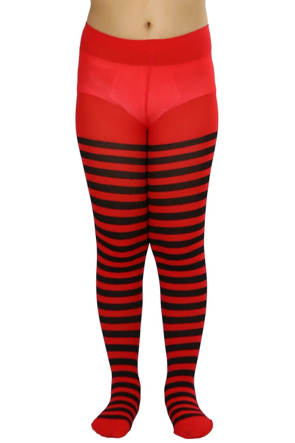 Girls' Horizontal Striped Full Length Tights - Black/Red - 7-10 Years