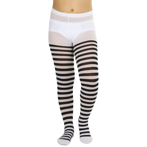 ToBeInStyle Girls' Horizontal Striped Full Length Tights - Black/White - 11-13 Years