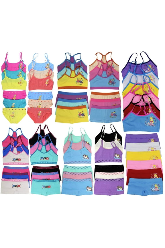Girls' Pack of 12 Mystery Pieces - 6 Cami Bralette Tops & 6 Matching Bottoms - Medium
