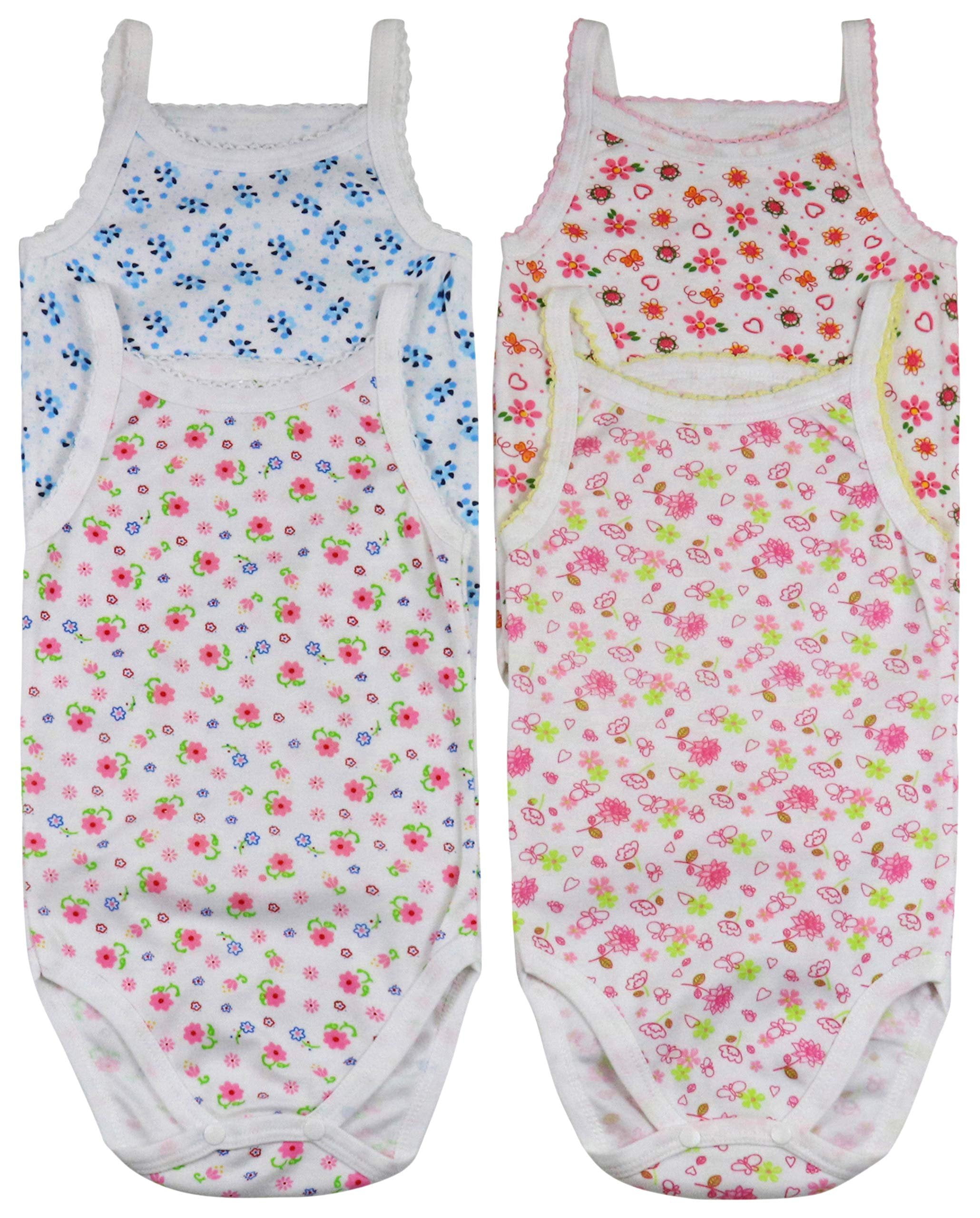 ToBeInStyle Girls' Pack of 4 Ultra-Soft Cotton Spaghetti Strap Baby Bodysuits w/ Ruffle Trim - Floral - 3-6 Months Old