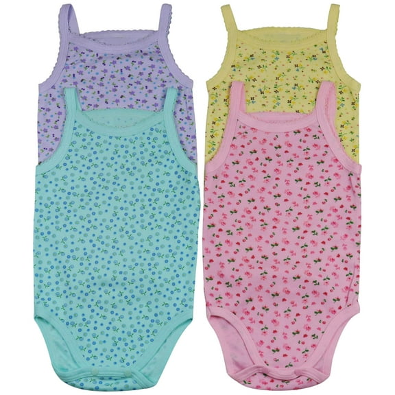 ToBeInStyle Girls' Pack of 4 Ultra-Soft Cotton Spaghetti Strap Baby Bodysuits w/ Ruffle Trim - Floral Pastel - 2 Years Old