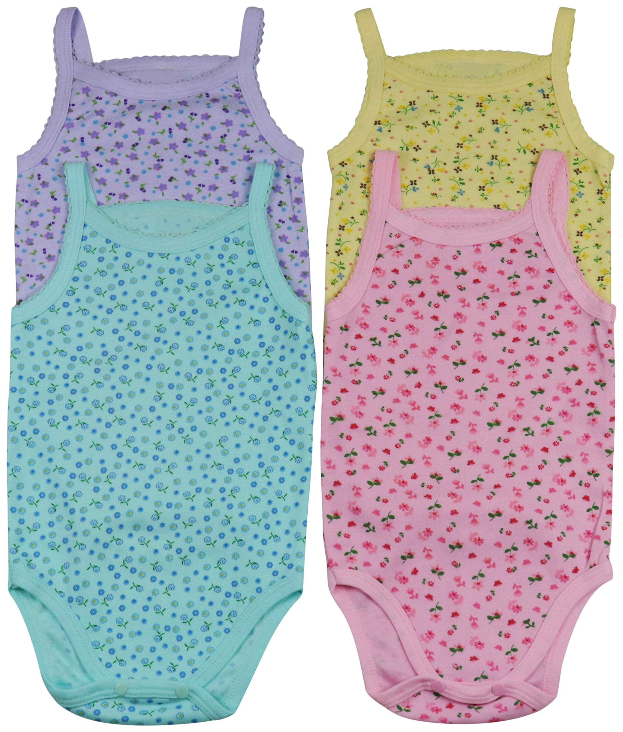 ToBeInStyle Girls' Pack of 4 Ultra-Soft Cotton Spaghetti Strap Baby Bodysuits w/ Ruffle Trim - Floral Pastel - 6-9 Months Old